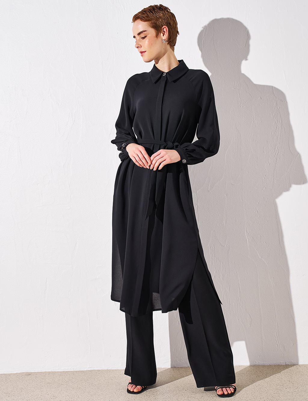 Belted Balloon Sleeve Wear and Go Black
