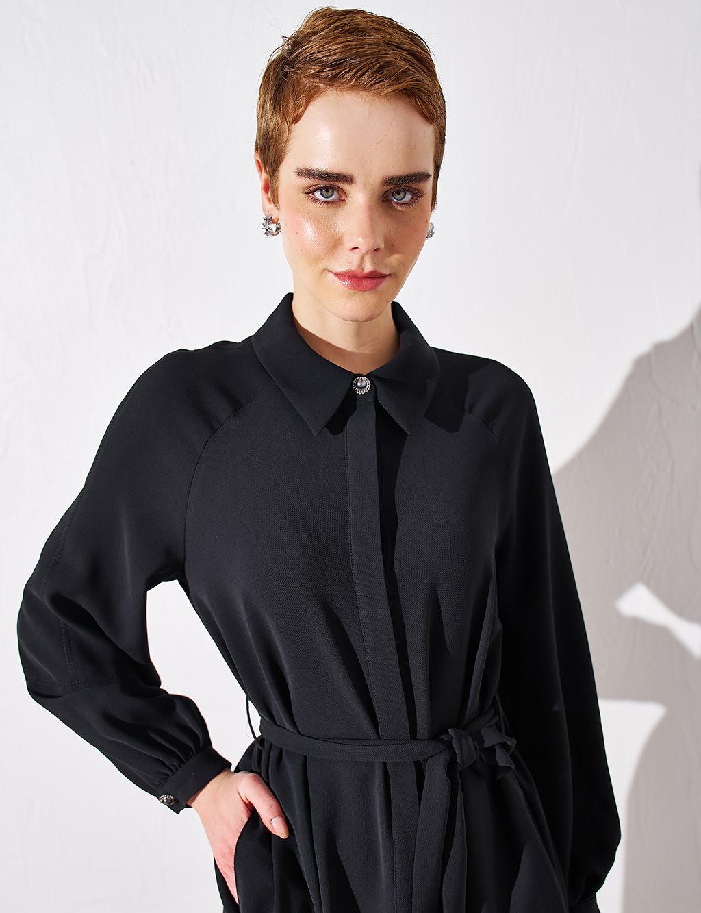 Belted Balloon Sleeve Wear and Go Black