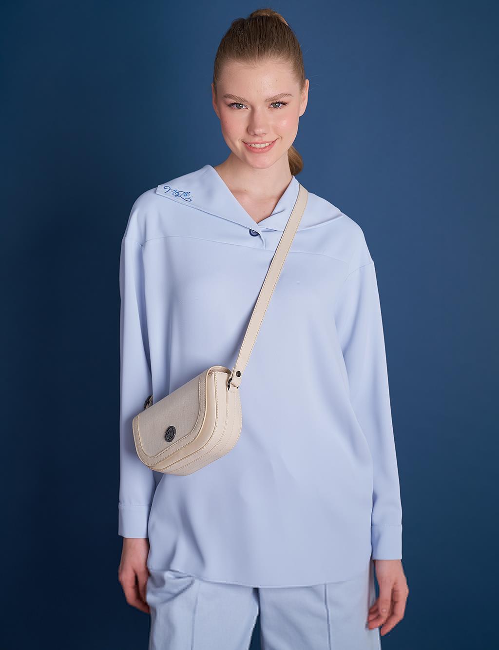 Embroidered Wide Collar Tunic Blue