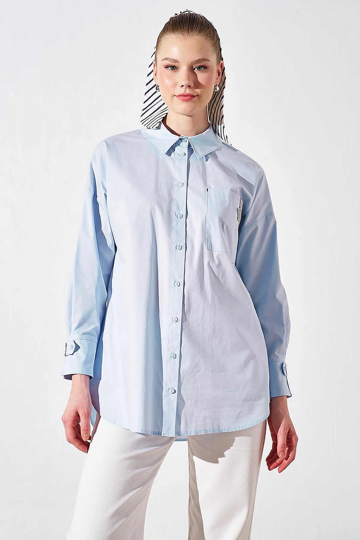 Accessory Detailed Shirt Collar Tunic Blue