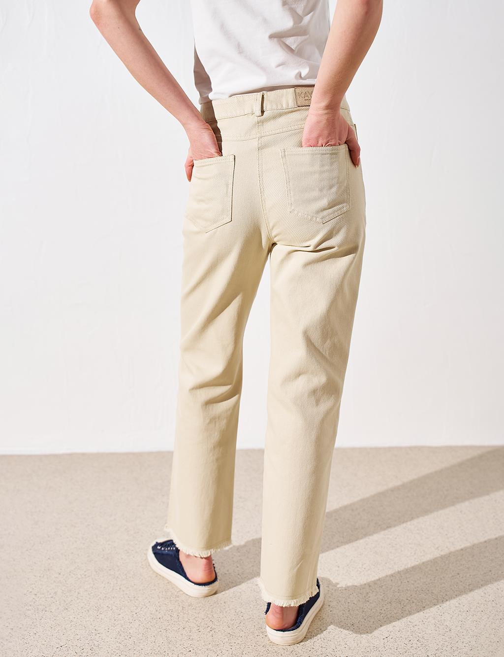 Embroidered Denim Trousers Cream with Tassels on the Leg