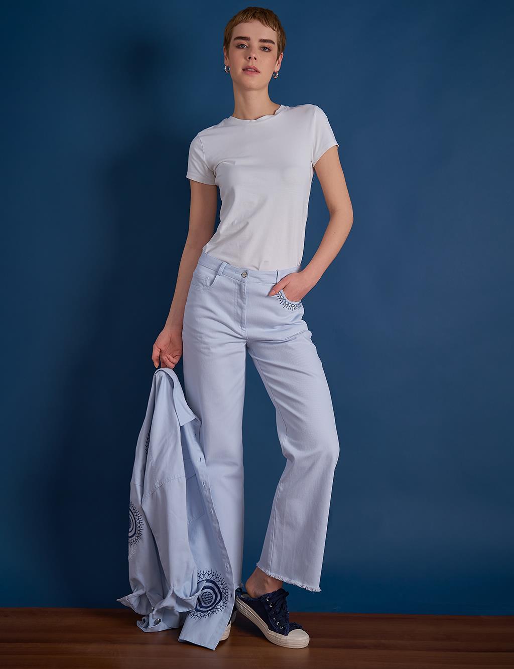 Embroidered Denim Trousers with Tassels Blue