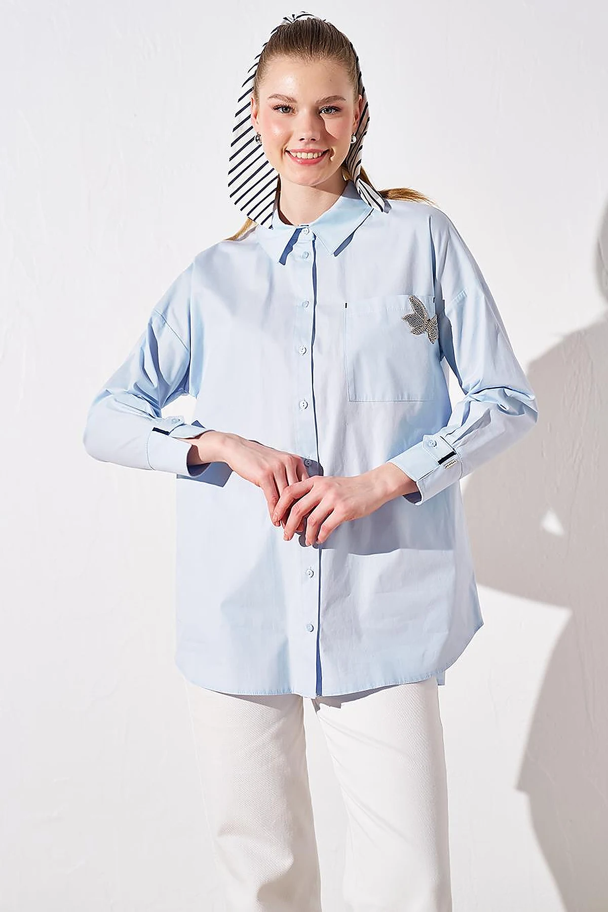 Accessory Detailed Shirt Collar Tunic Blue