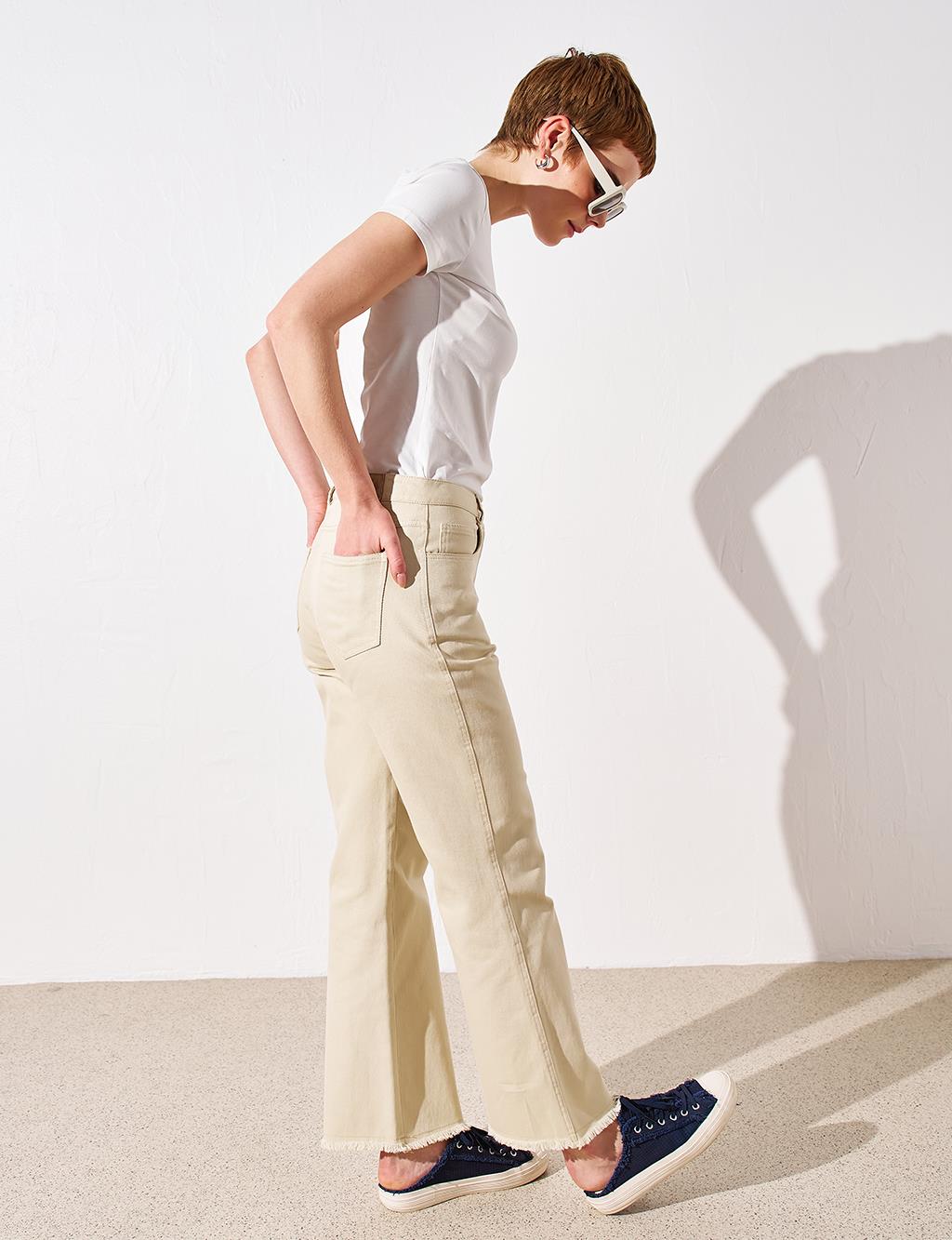Embroidered Denim Trousers Cream with Tassels on the Leg