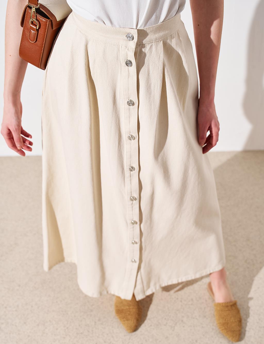 Buttoned Denim Skirt Cream