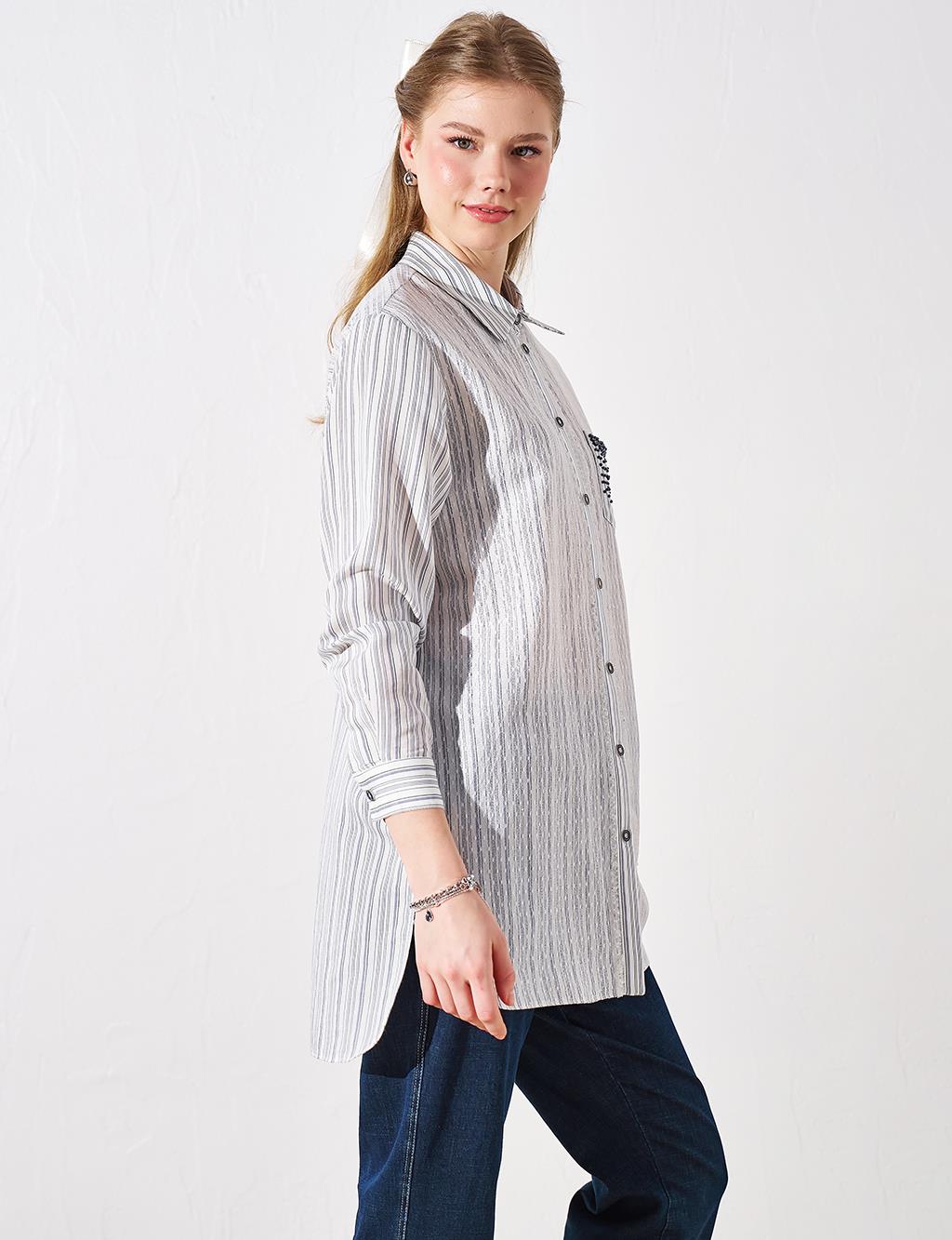 Embroidered Shirt Collar Tunic Navy Blue-Green