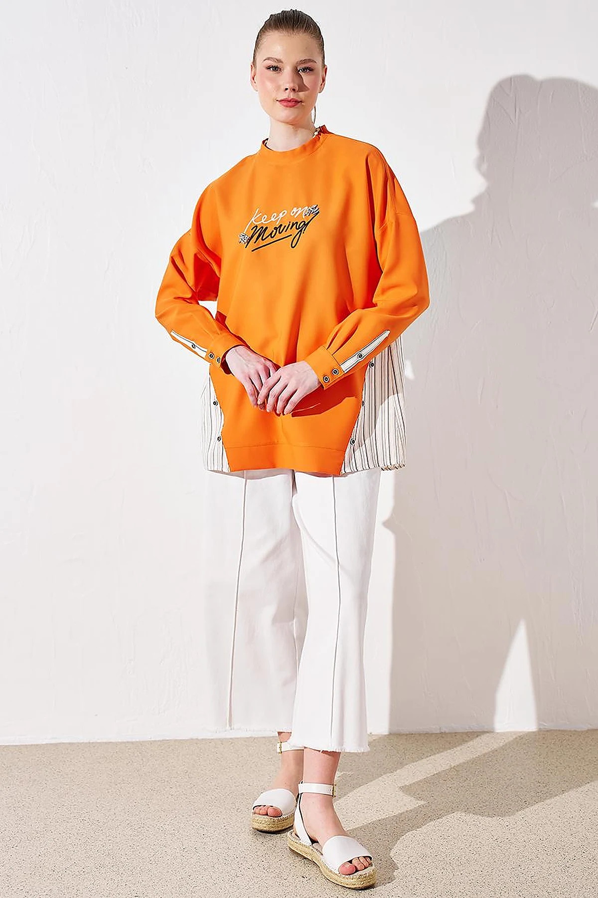 Striped Pattern Mix Sweatshirt Orange