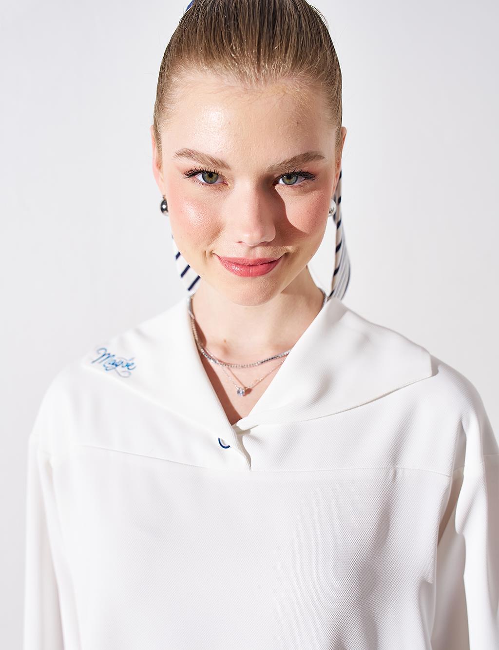 Embroidered Wide Collar Tunic Ecru