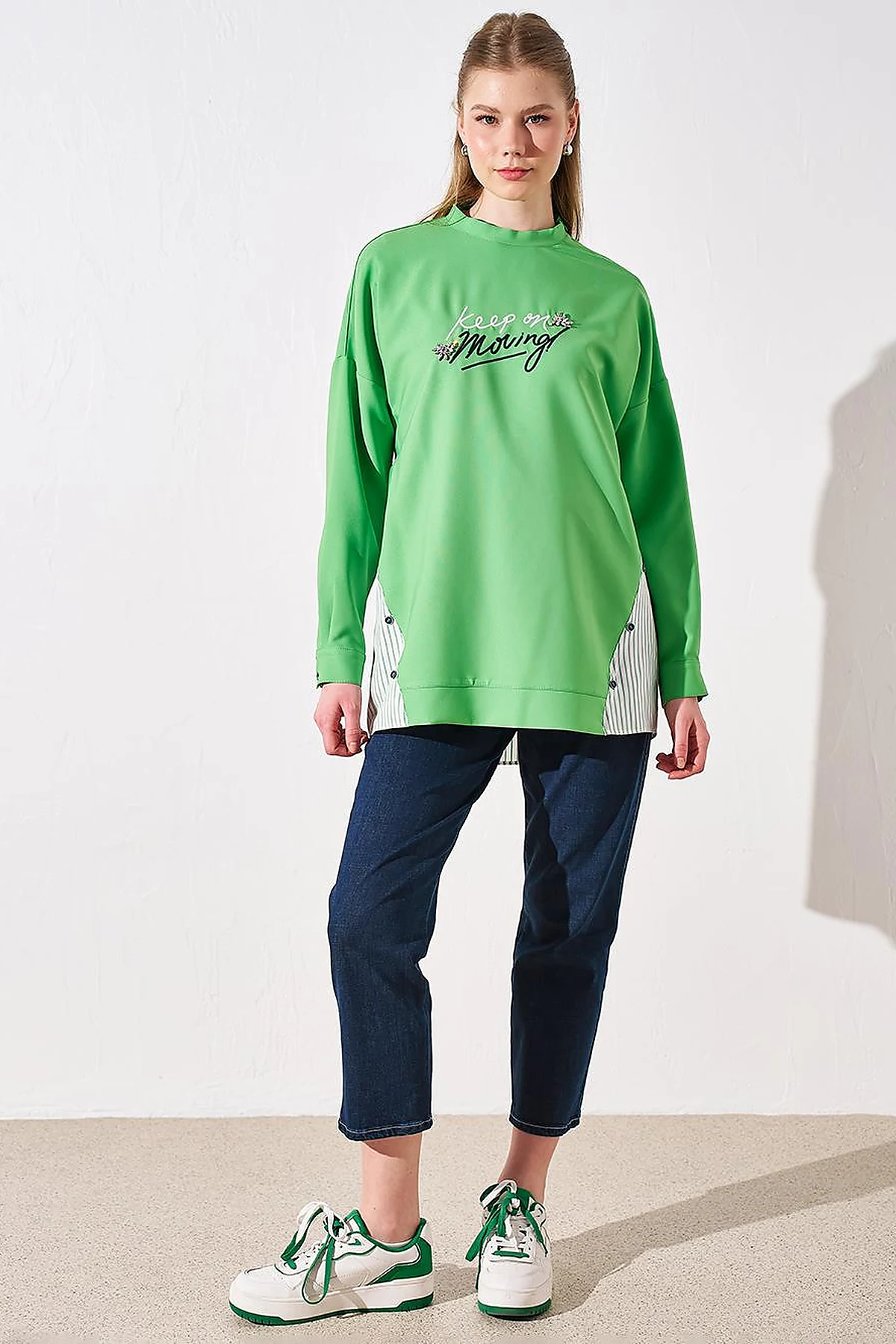 Striped Pattern Mix Sweatshirt Clover Green