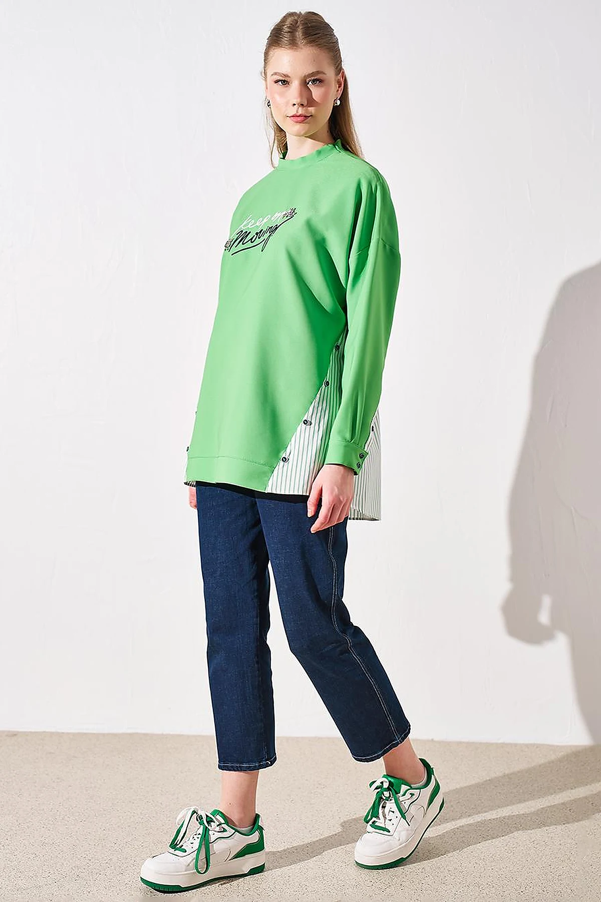 Striped Pattern Mix Sweatshirt Clover Green