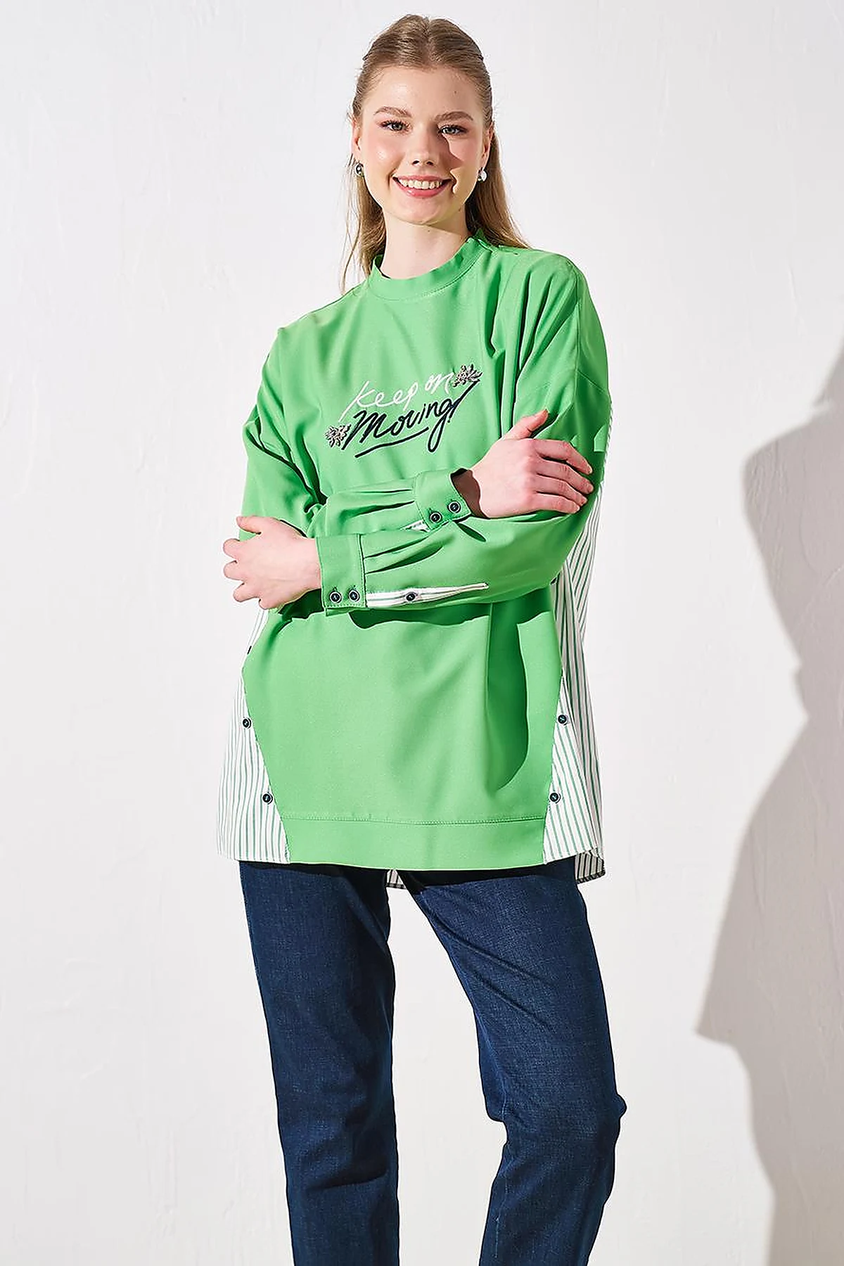 Striped Pattern Mix Sweatshirt Clover Green