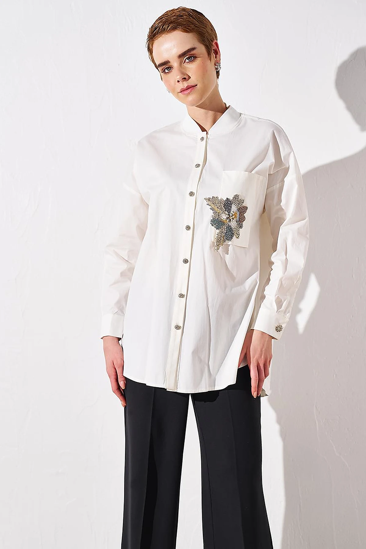 Taş İşlemeli Poplin Tunik Ekru