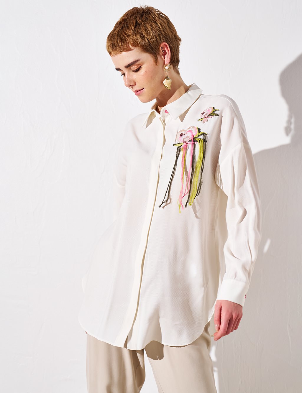 Embroidery Appliqued Shirt Collar Tunic Ecru