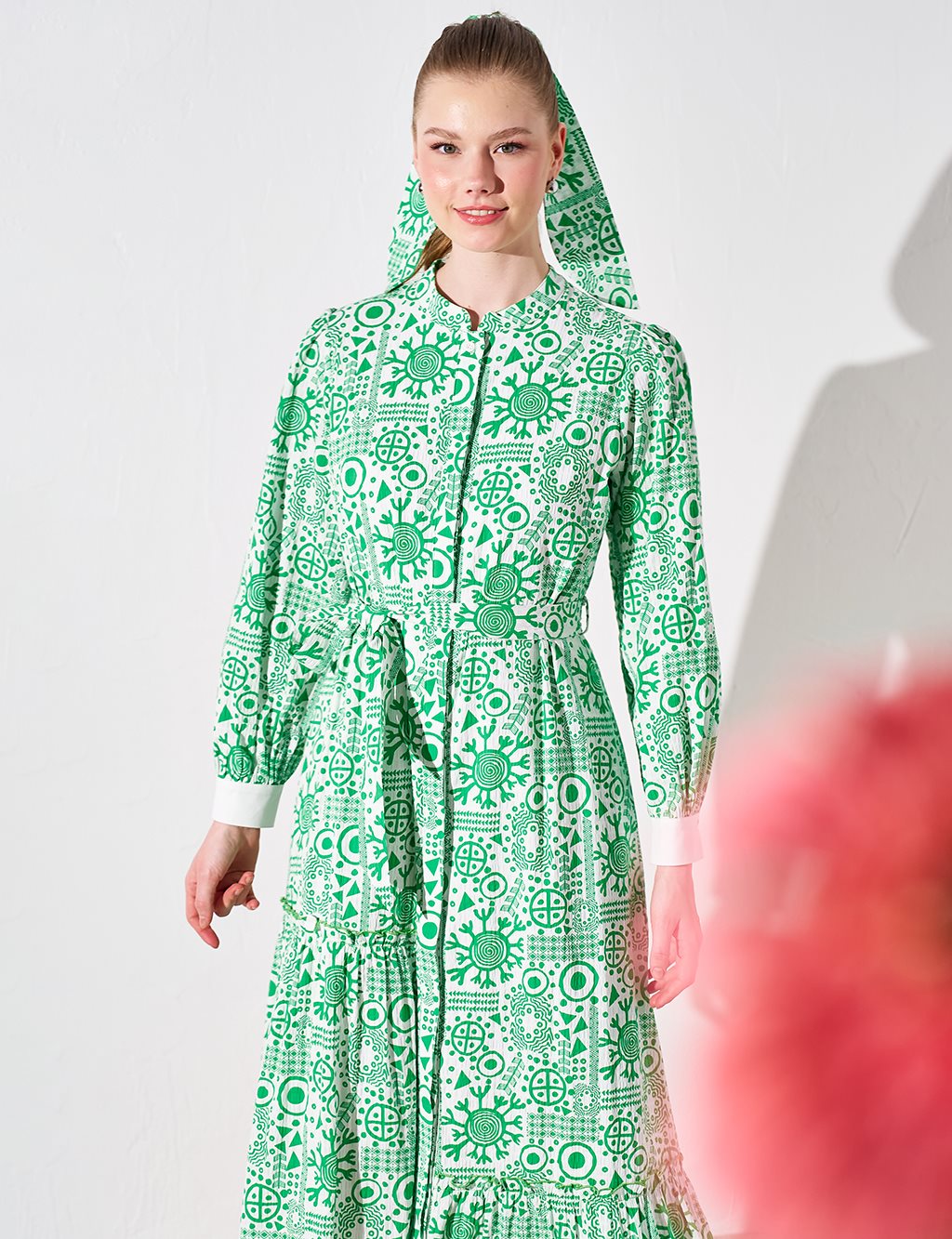 Katlı Desenli Elbise Yonca Yeşili 