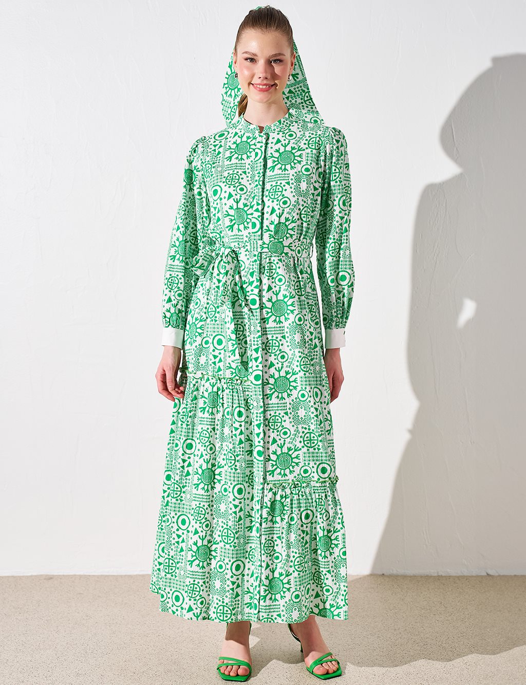 Katlı Desenli Elbise Yonca Yeşili 