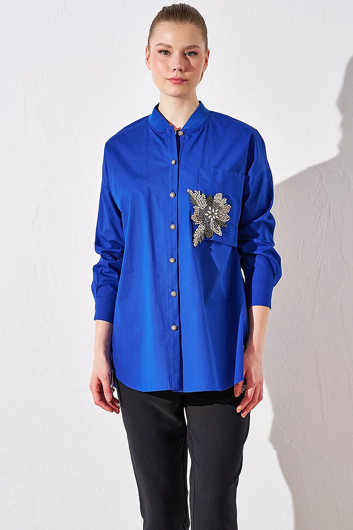 Taş İşlemeli Poplin Tunik İndigo