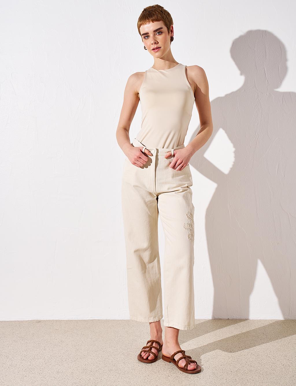 Elastic Waist Embroidered Pants in Cream