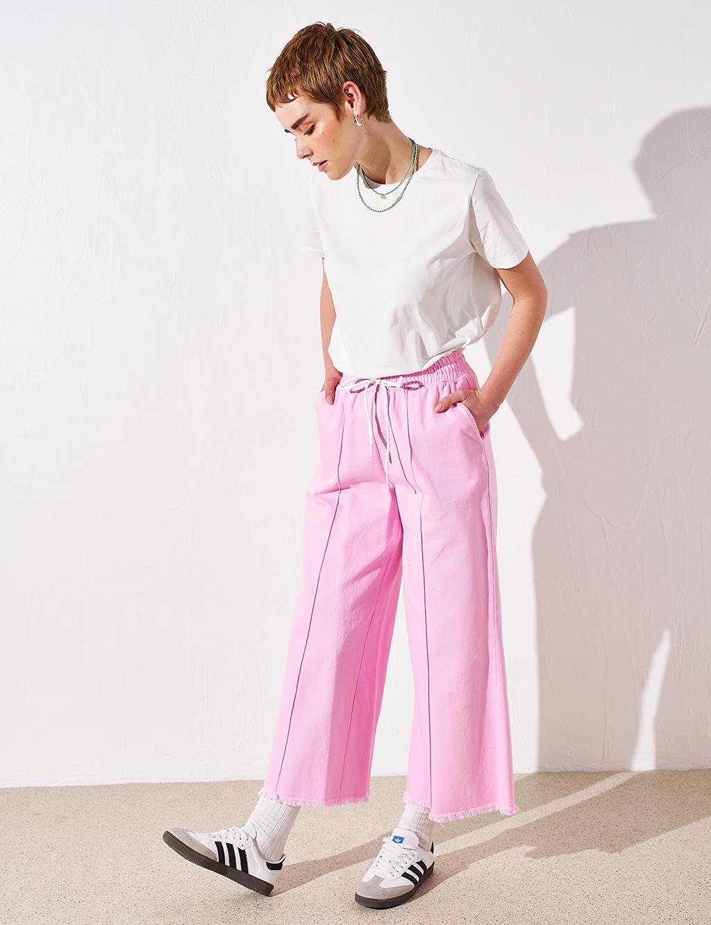 Tasseled Wide Leg Denim Trousers Candy Pink