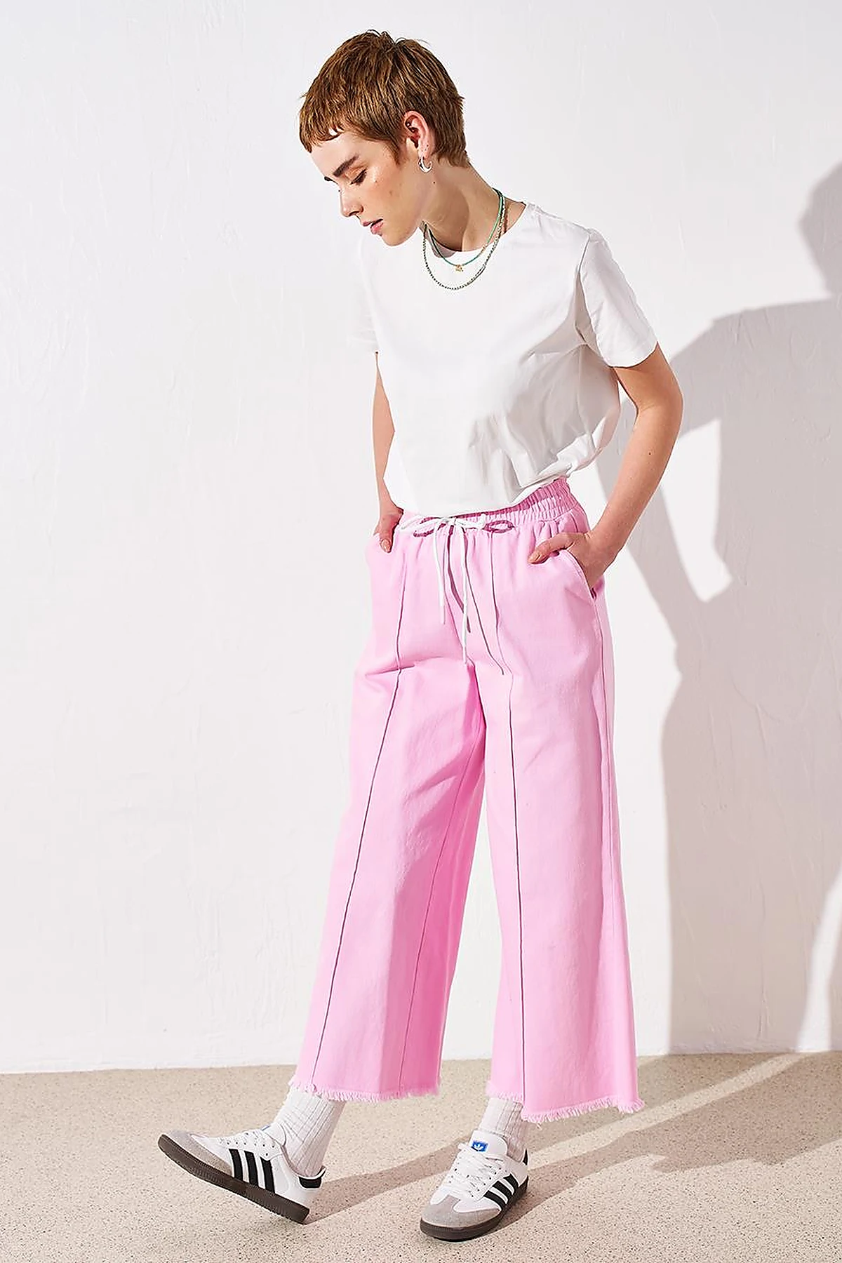 Püsküllü Geniş Paça Denim Pantolon Şeker Pembe