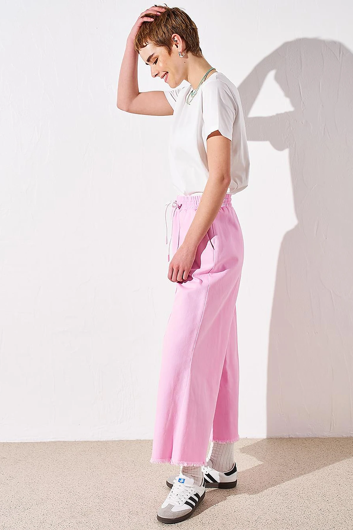 Püsküllü Geniş Paça Denim Pantolon Şeker Pembe