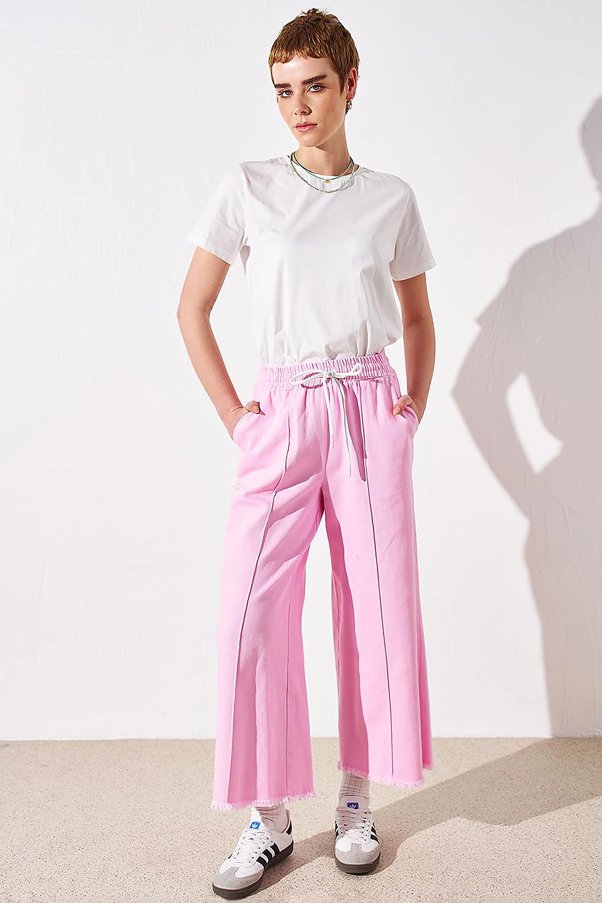 Püsküllü Geniş Paça Denim Pantolon Şeker Pembe