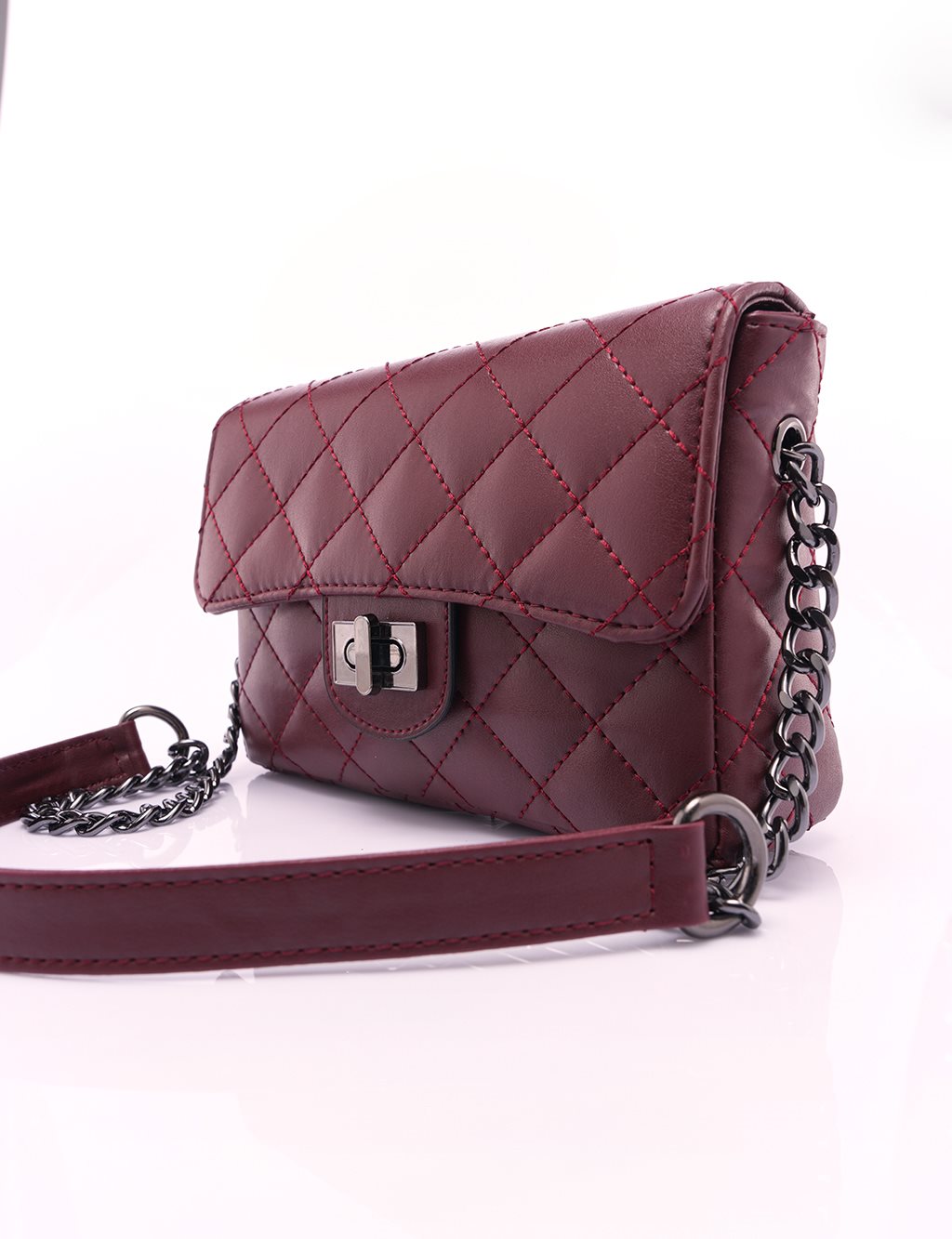 Lock Detailed Faux Leather Bag Claret Red