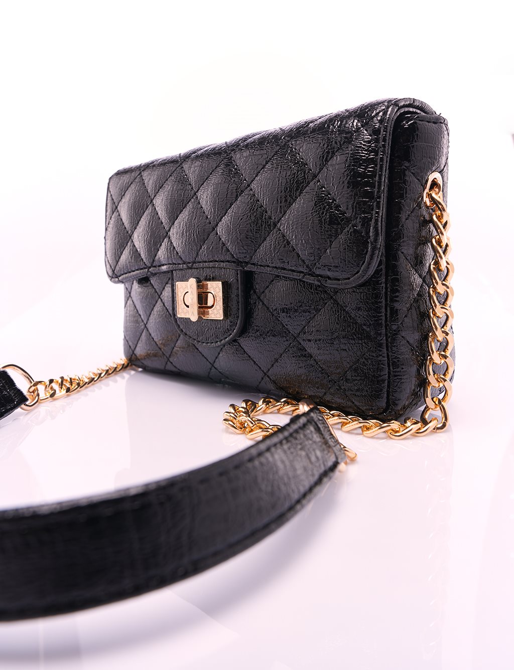 Padlock-embellished Textured Patent Leather Bag Black