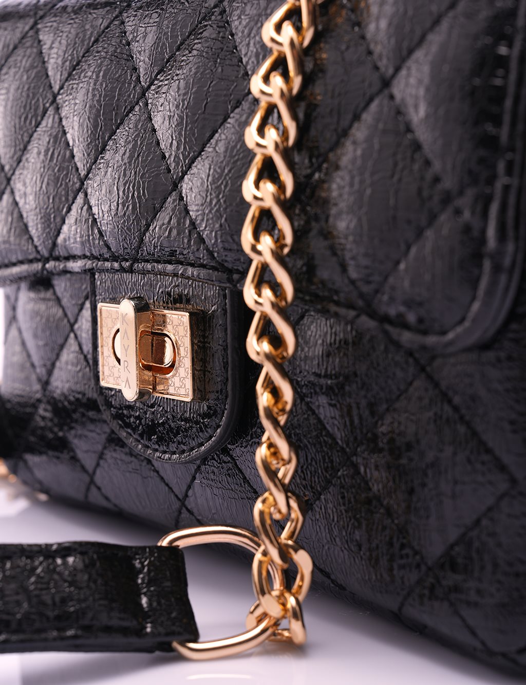 Padlock-embellished Textured Patent Leather Bag Black