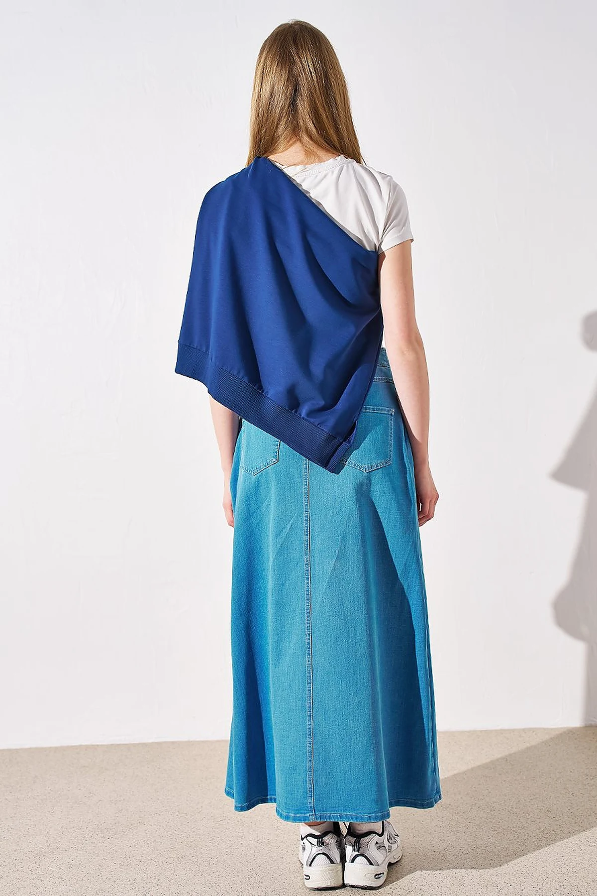 Cross Button Pleated Denim Skirt Blue