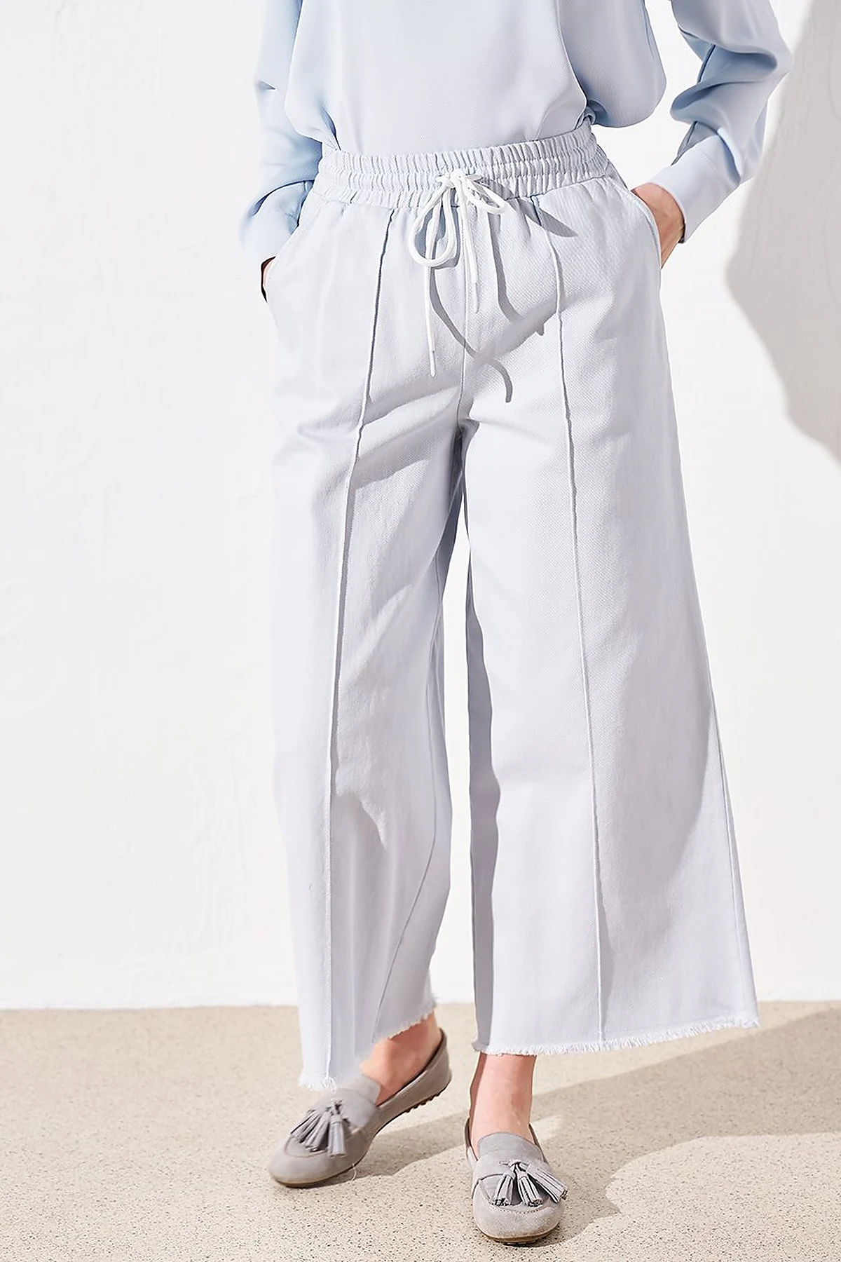 Püsküllü Geniş Paça Denim Pantolon Mavi