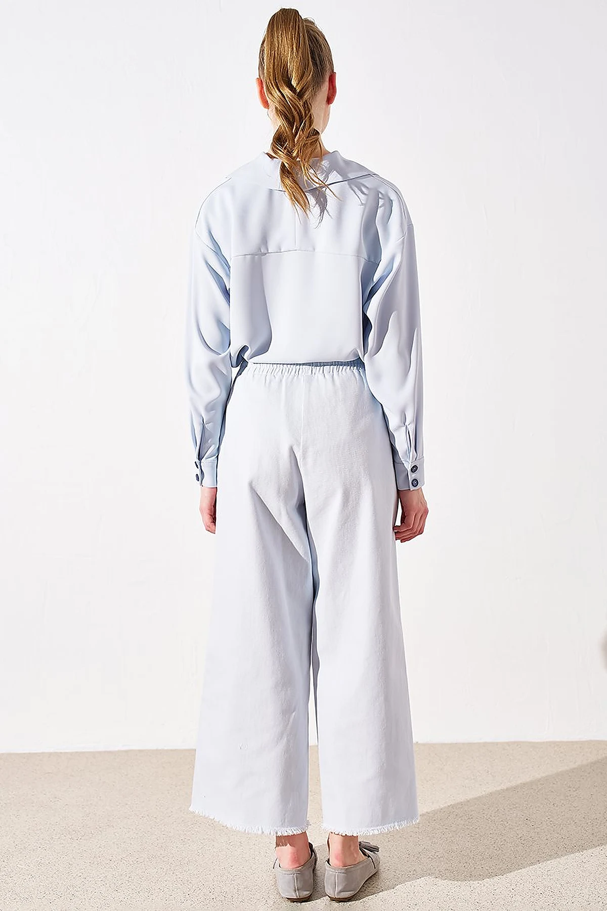 Püsküllü Geniş Paça Denim Pantolon Mavi