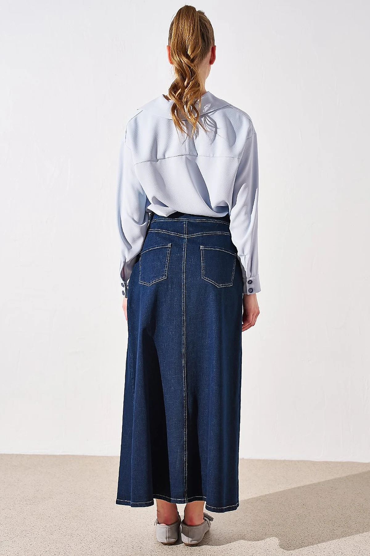 Cross Button Pleated Denim Skirt Navy Blue