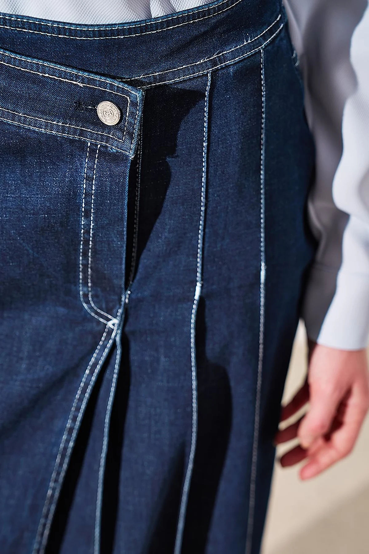 Cross Button Pleated Denim Skirt Navy Blue