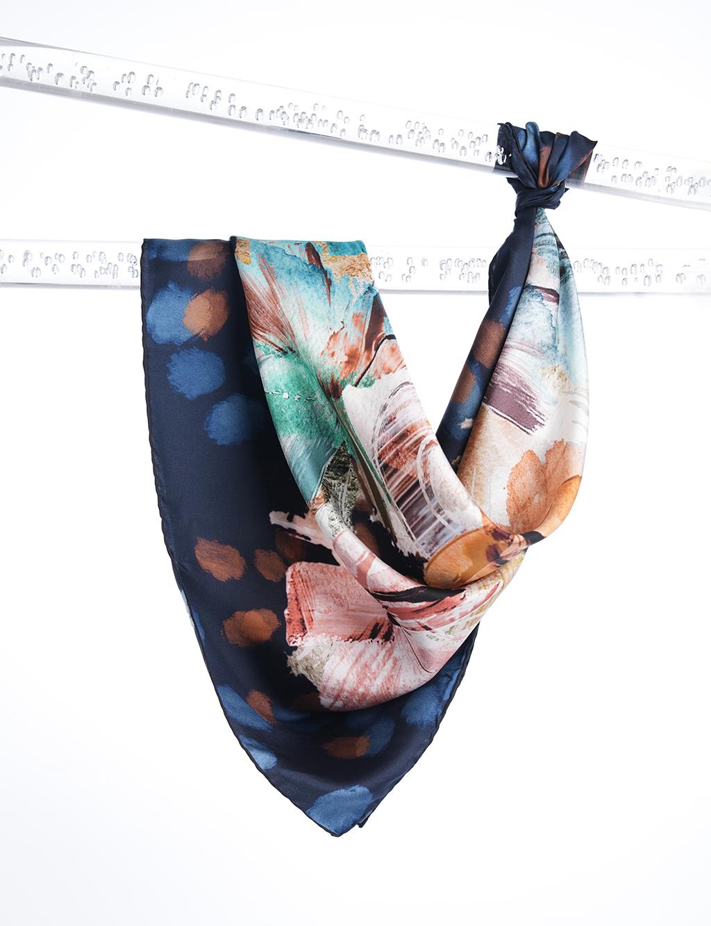 Abstract Pattern Silk Scarf Navy Blue