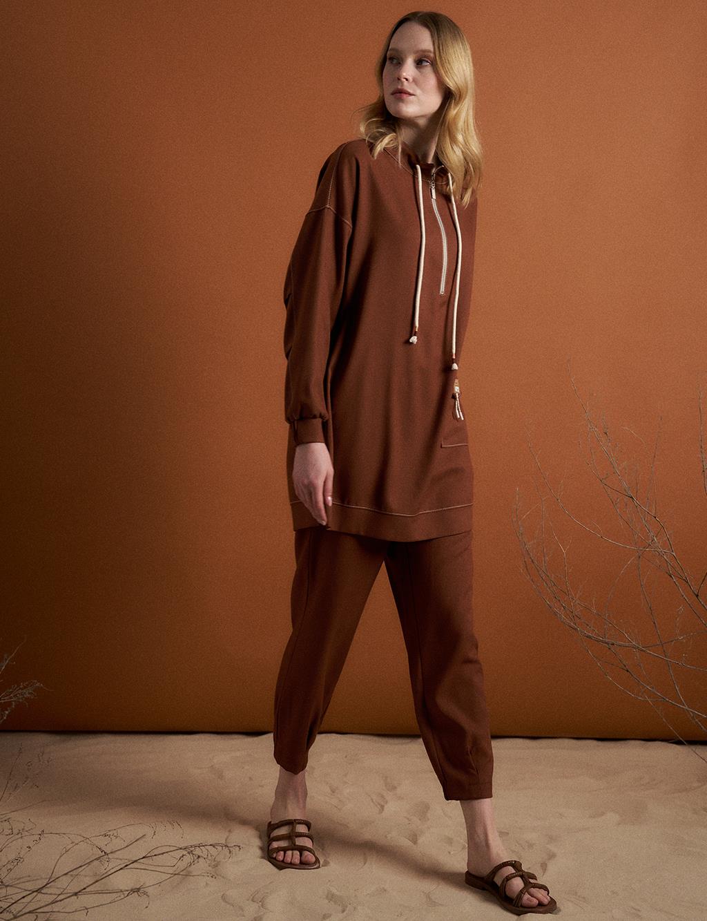 Coffee-colored Two-piece Set with Pocket Detail and Half Zipper