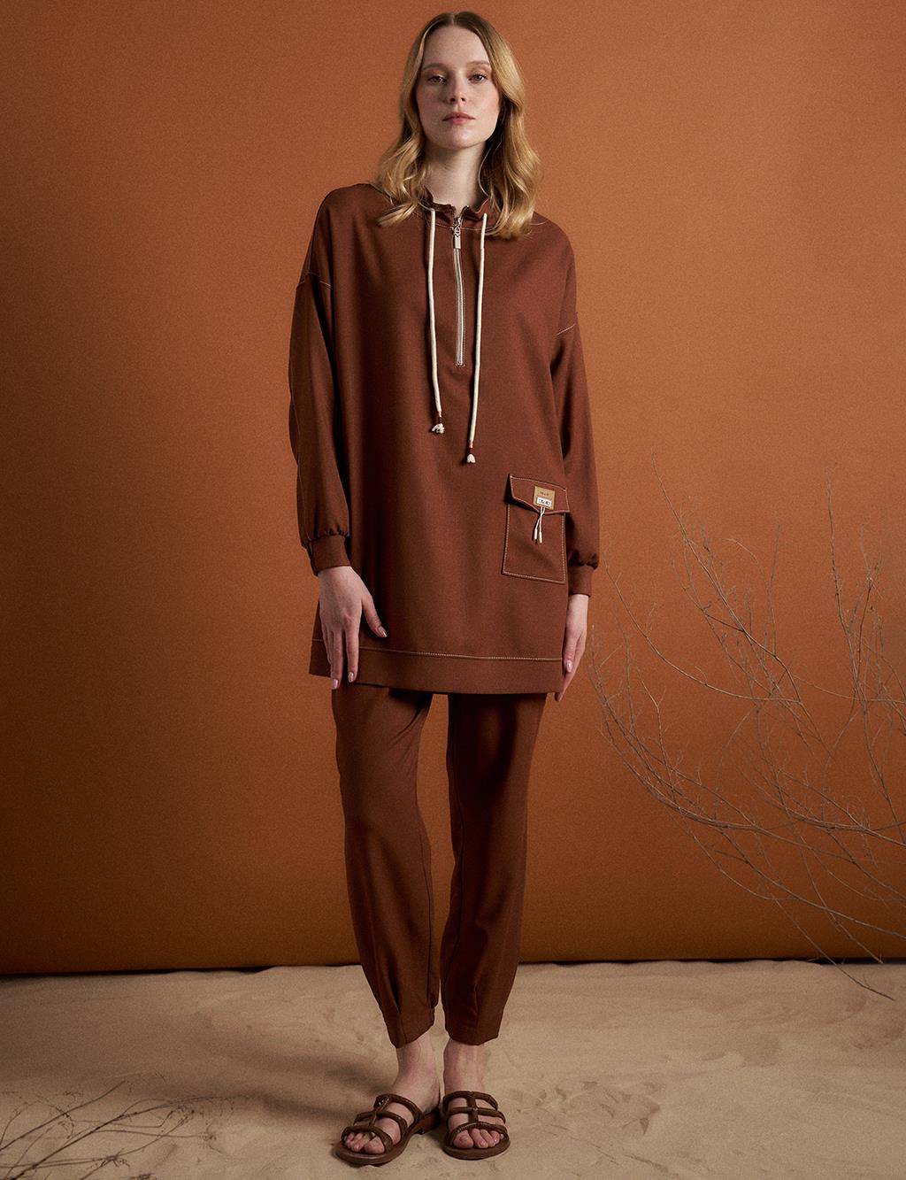 Coffee-colored Two-piece Set with Pocket Detail and Half Zipper