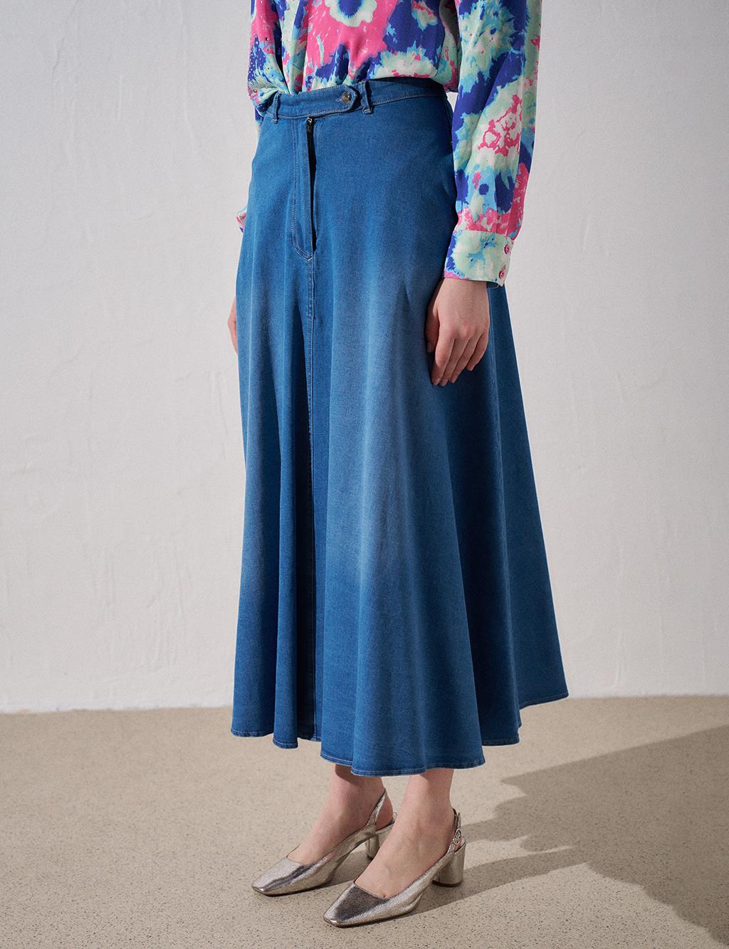 Side Buttoned Denim Skirt Blue