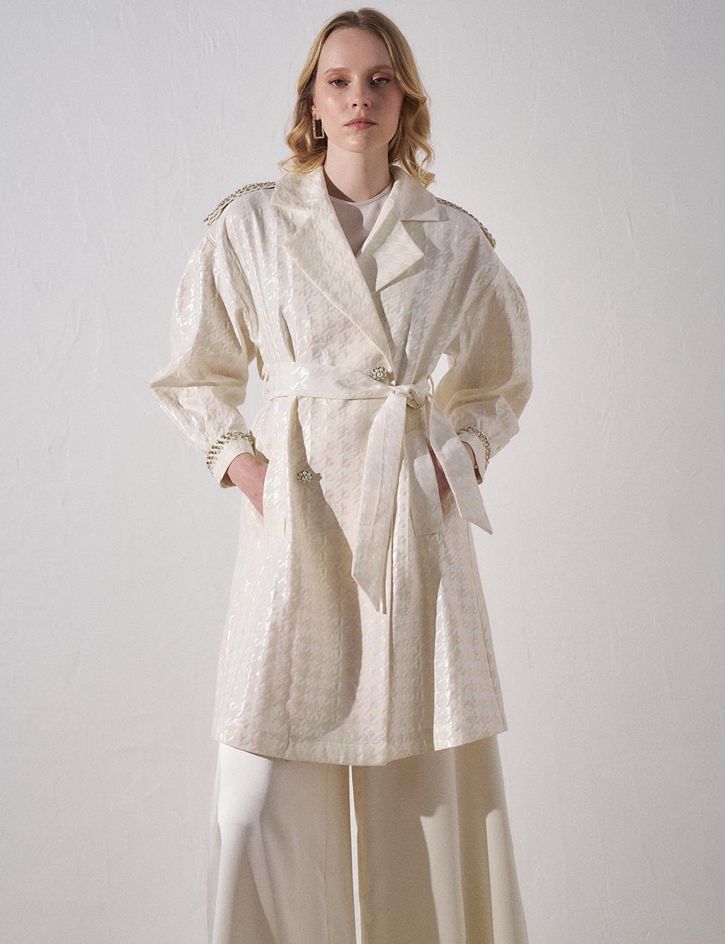 Goose Feet Patterned Jacquard Double Breasted Trench Coat Ecru