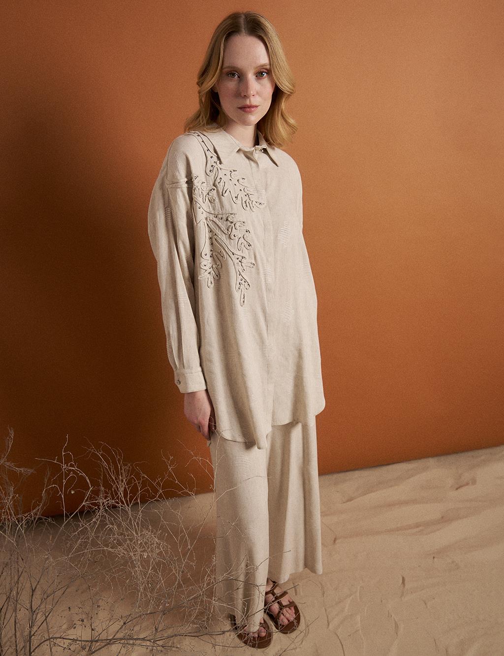 Linen Blend Embroidered Two-Piece Set Cream
