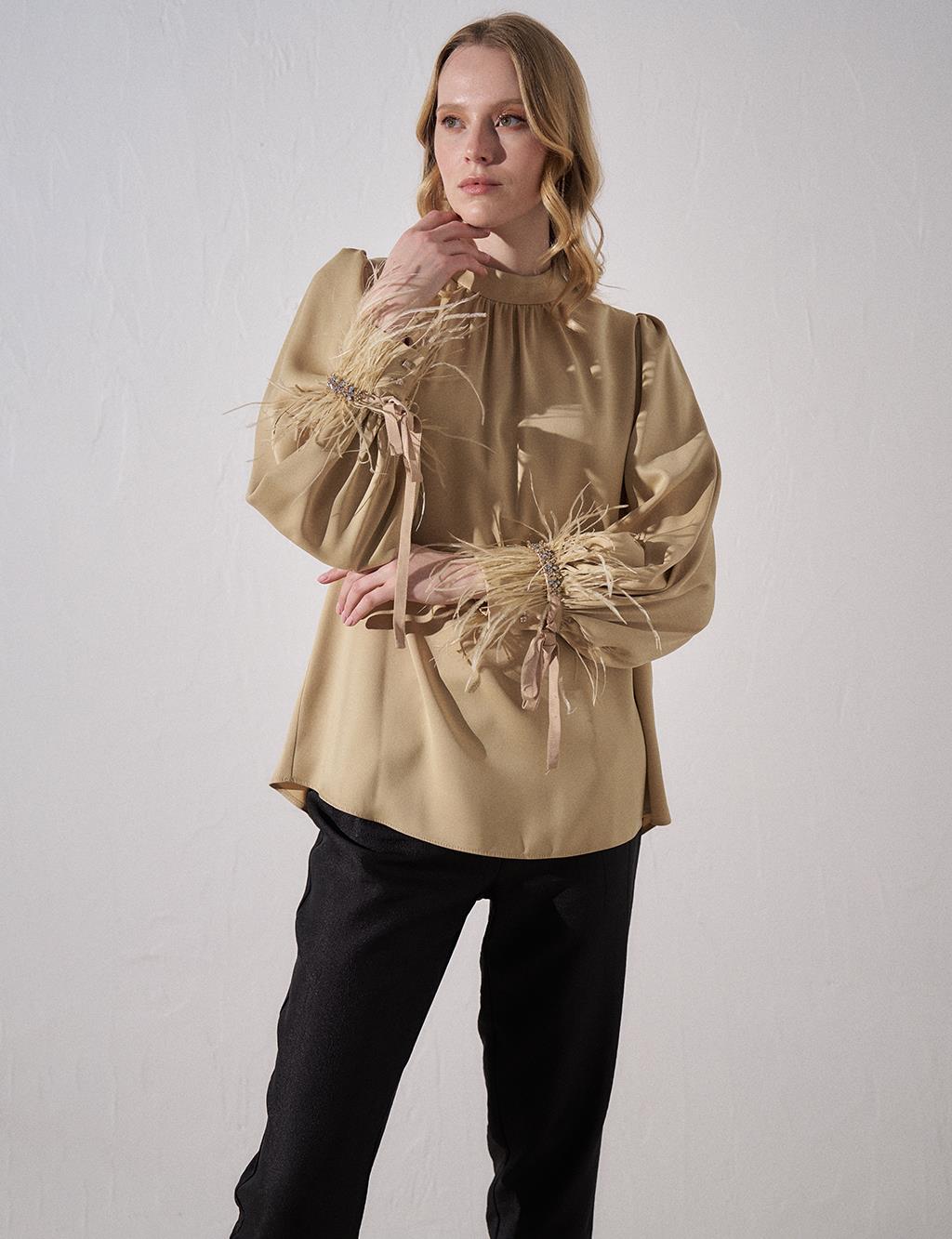 Stone Embroidered Satin Blouse Beige