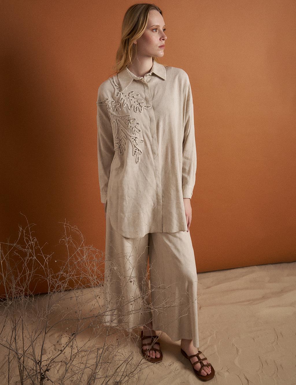 Linen Blend Embroidered Two-Piece Set Cream