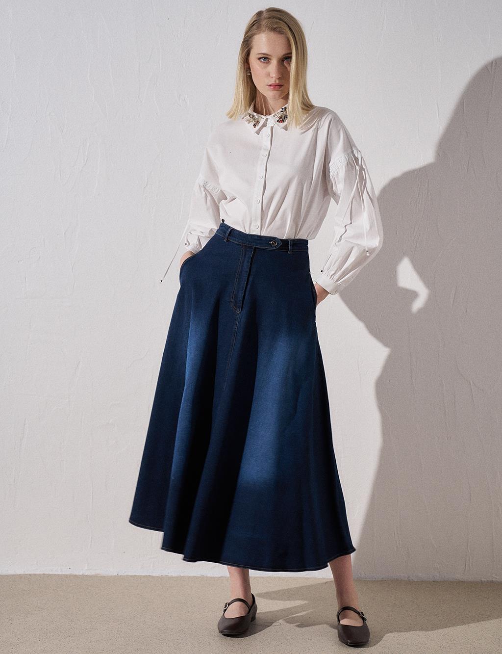 Side Buttoned Denim Skirt Navy Blue
