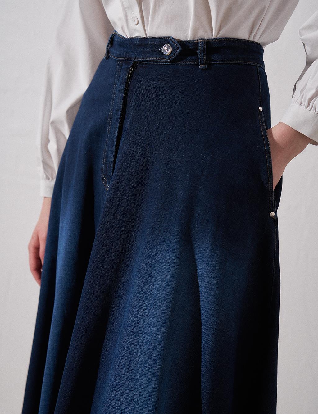 Side Buttoned Denim Skirt Navy Blue