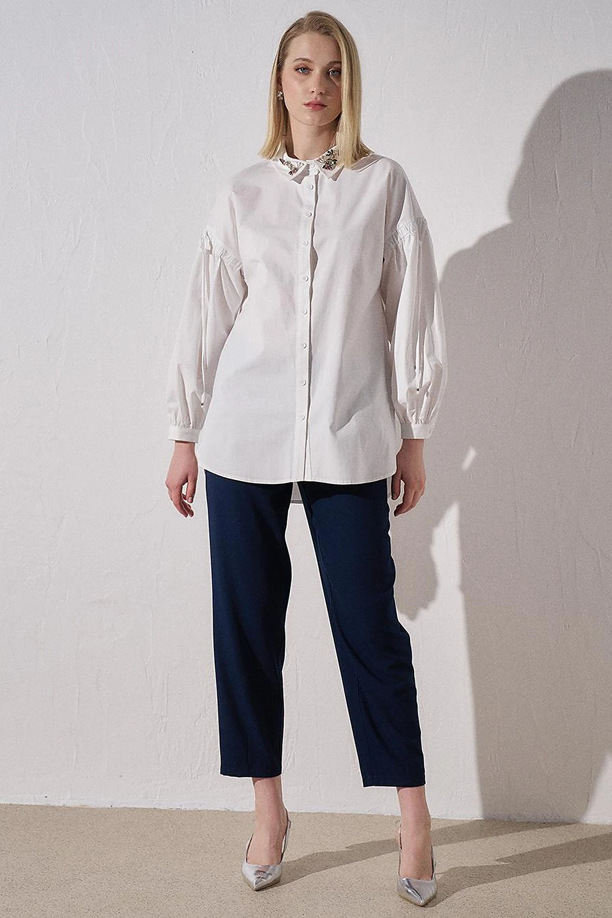 Cotton Tunic with Jeweled Collar Optical White
