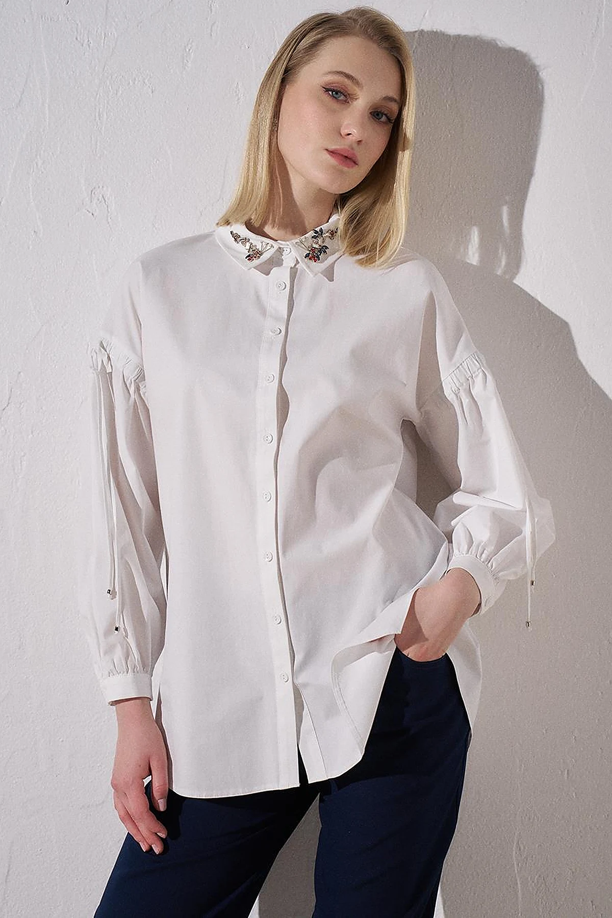 Cotton Tunic with Jeweled Collar Optical White