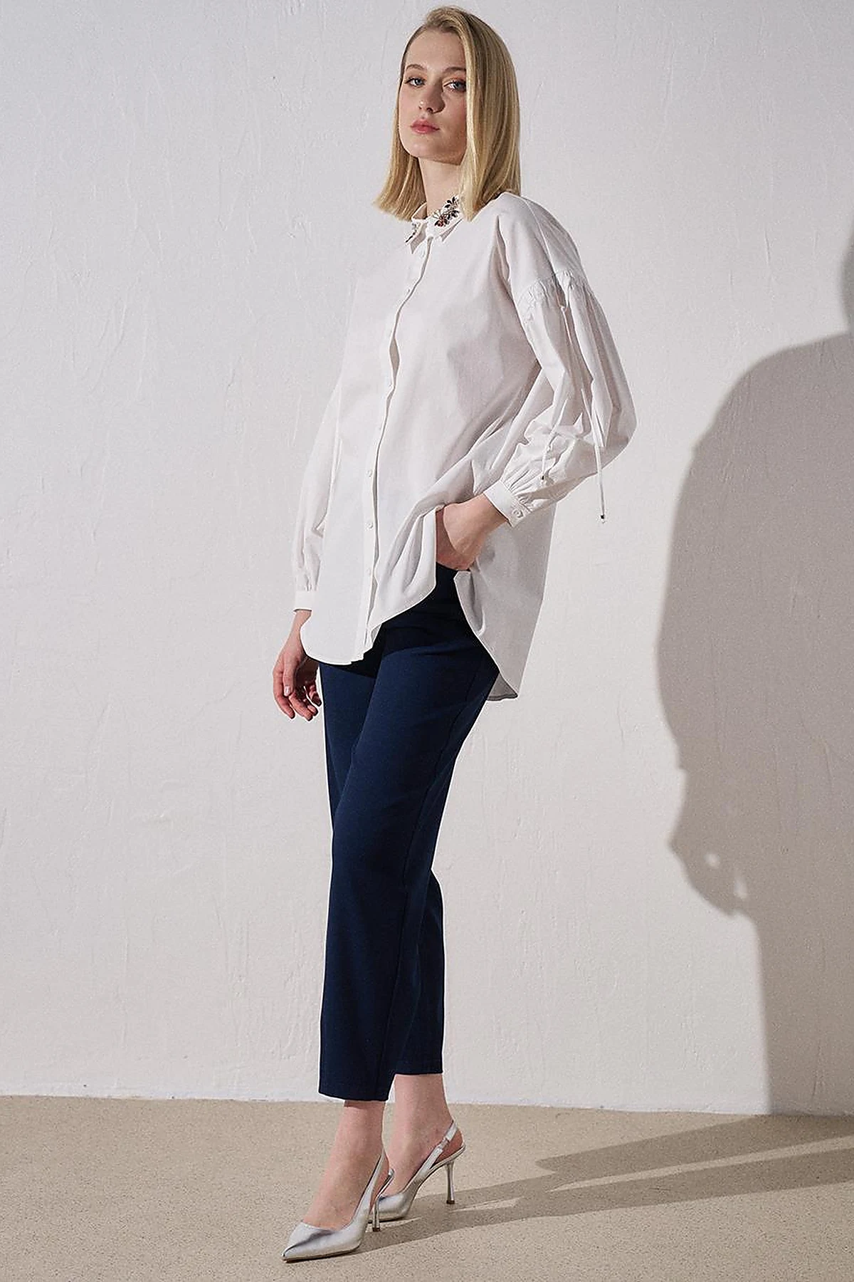 Cotton Tunic with Jeweled Collar Optical White