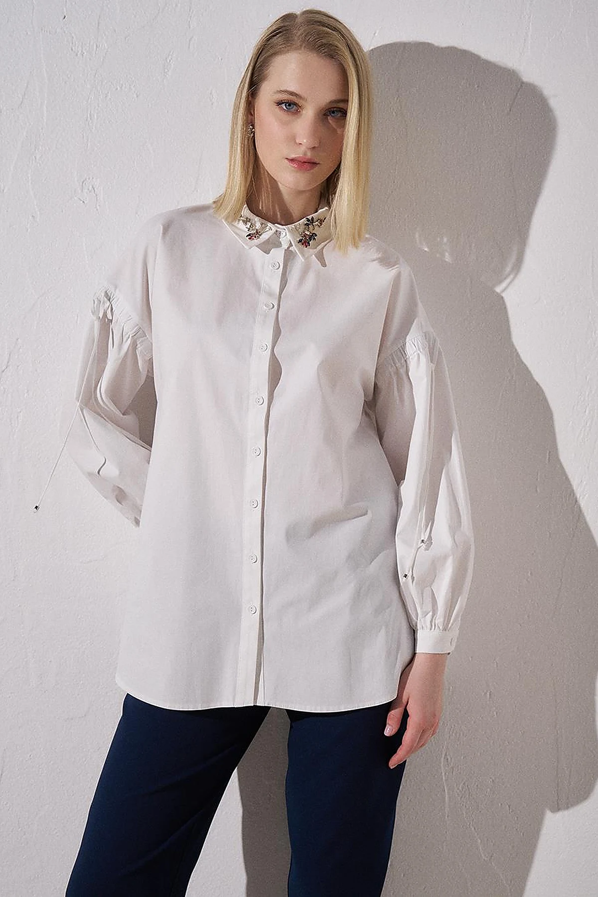 Cotton Tunic with Jeweled Collar Optical White