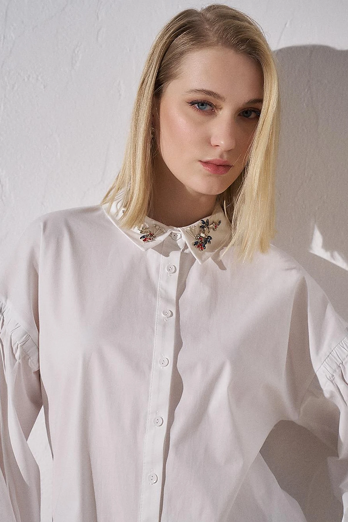 Cotton Tunic with Jeweled Collar Optical White