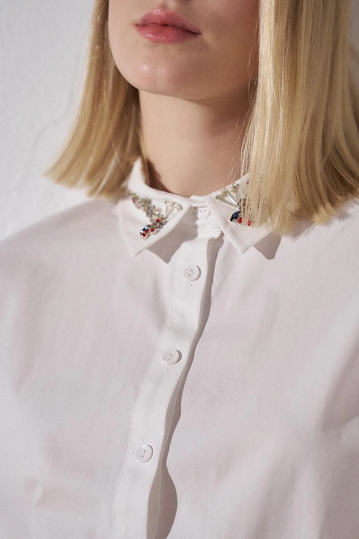 Cotton Tunic with Jeweled Collar Optical White