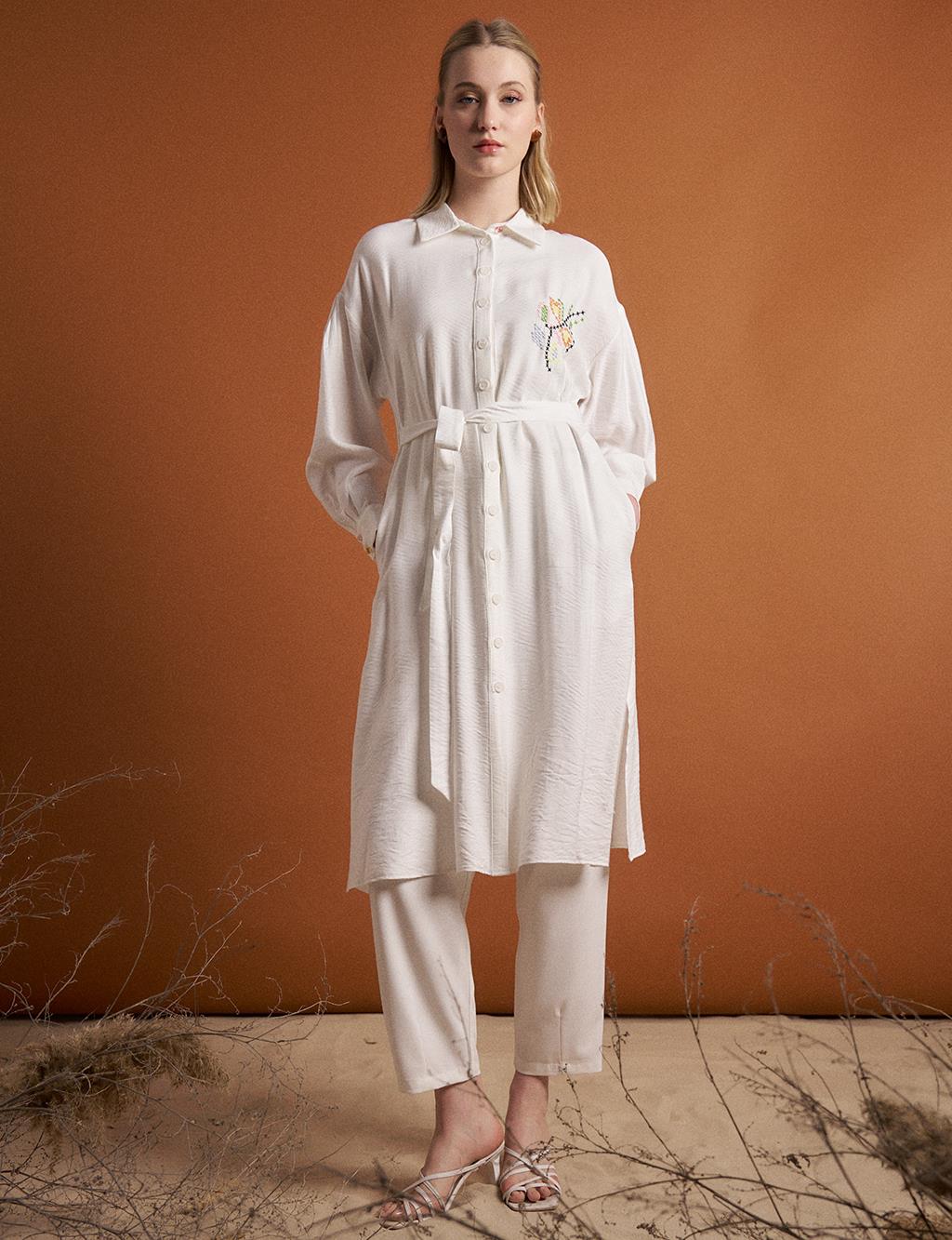 Embroidered Full Length Tunic Optical White